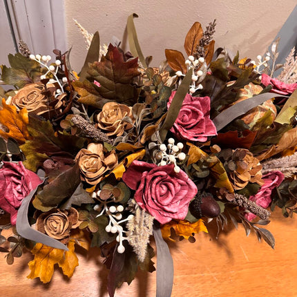 Fall Arrangement with Pumpkin and Sola Wood Flowers in wooden box