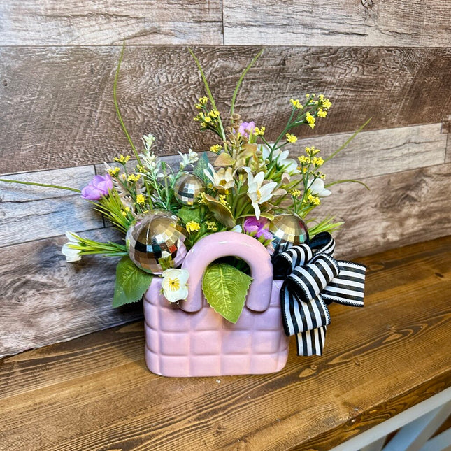 Pink Purse Floral Arrangement with Disco Balls & Bow