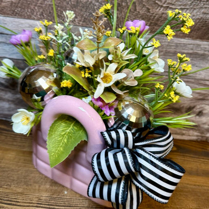 Pink Purse Floral Arrangement with Disco Balls & Bow