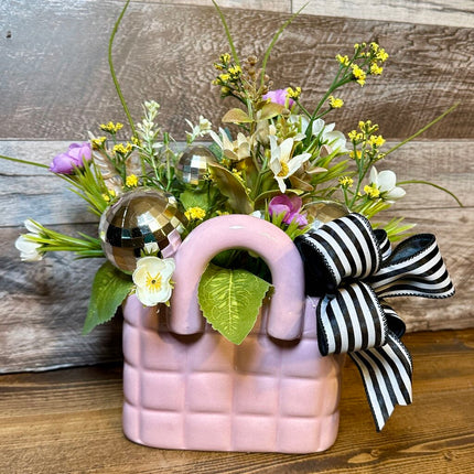Pink Purse Floral Arrangement with Disco Balls & Bow