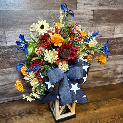 Patriotic Floral Lantern with Red, White & Blue Flower Blooms