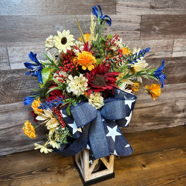 Patriotic Floral Lantern with Red, White & Blue Flower Blooms