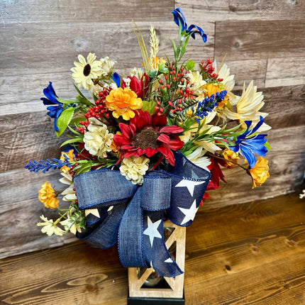 Patriotic Floral Lantern with Red, White & Blue Flower Blooms