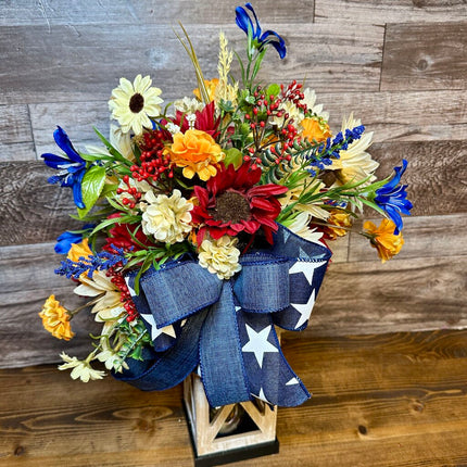 Patriotic Floral Lantern with Red, White & Blue Flower Blooms