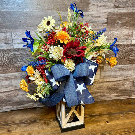 Patriotic Floral Lantern with Red, White & Blue Flower Blooms