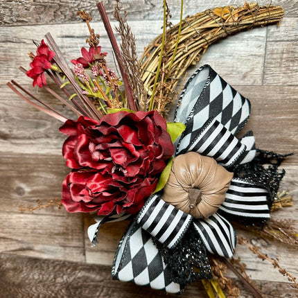 Crescent Moon Fall Halloween Wreath with Pumpkin & Black and White Ribbon
