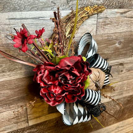Crescent Moon Fall Halloween Wreath with Pumpkin & Black and White Ribbon