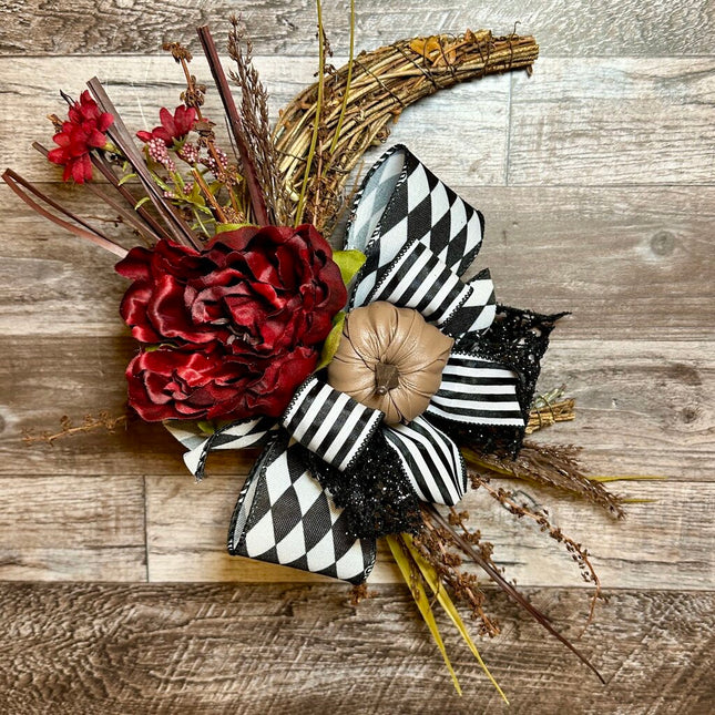 Crescent Moon Fall Halloween Wreath with Pumpkin & Black and White Ribbon