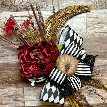 Crescent Moon Fall Halloween Wreath with Pumpkin & Black and White Ribbon