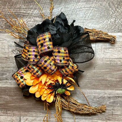 Black & Orange Crescent Moon Halloween Wreath with Spider Accent