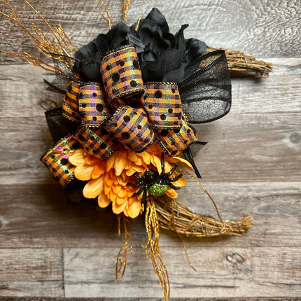 Black & Orange Crescent Moon Halloween Wreath with Spider Accent