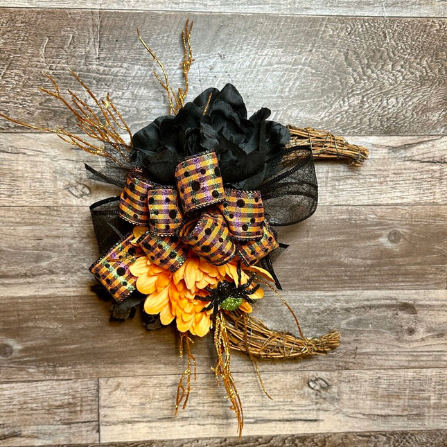 Black & Orange Crescent Moon Halloween Wreath with Spider Accent