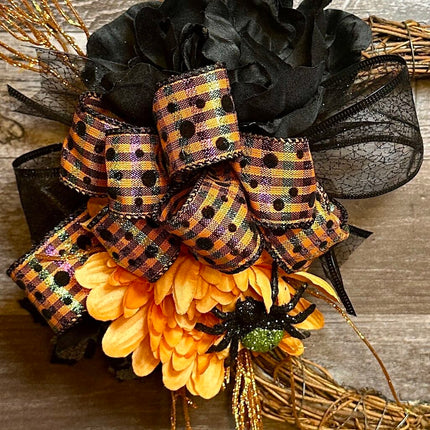 Black & Orange Crescent Moon Halloween Wreath with Spider Accent