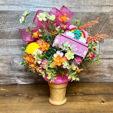 Summer Ice Cream Cone Floral Arrangement - Pink Hello Truck & Lemon Accent