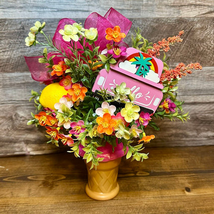 Summer Ice Cream Cone Floral Arrangement - Pink Hello Truck & Lemon Accent
