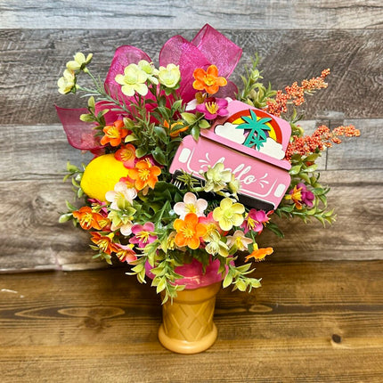 Summer Ice Cream Cone Floral Arrangement - Pink Hello Truck & Lemon Accent