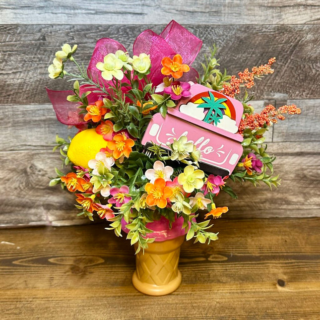 Summer Ice Cream Cone Floral Arrangement - Pink Hello Truck & Lemon Accent