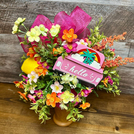 Summer Ice Cream Cone Floral Arrangement - Pink Hello Truck & Lemon Accent