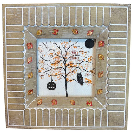 Heavy frame with Fall tree with owl, moon, pumpkin