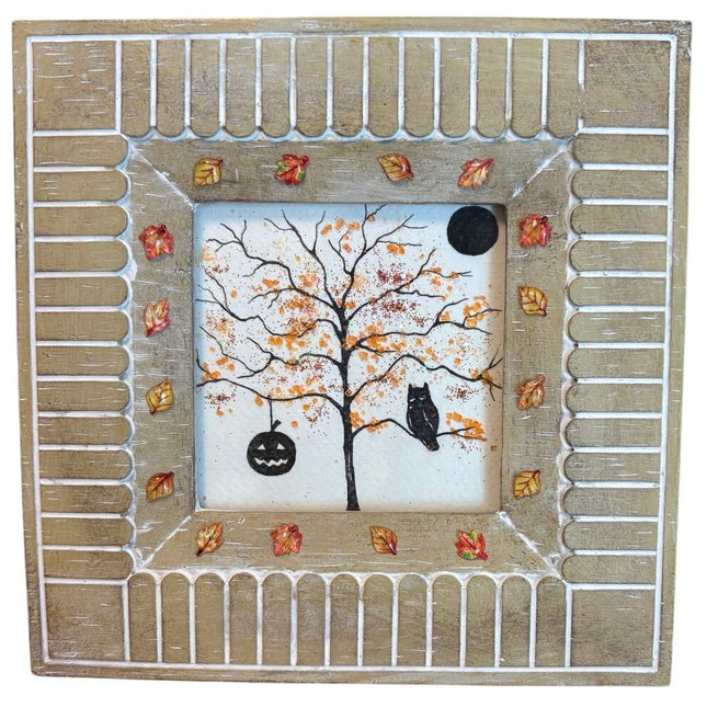 Heavy frame with Fall tree with owl, moon, pumpkin