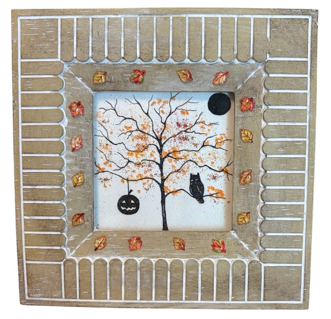 Heavy frame with Fall tree with owl, moon, pumpkin