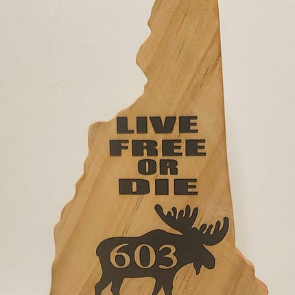 Shelf sitter- NH state shape (Live free or die moose 603)
