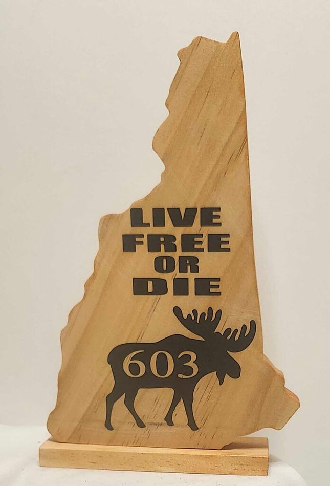 Shelf sitter- NH state shape (Live free or die moose 603)