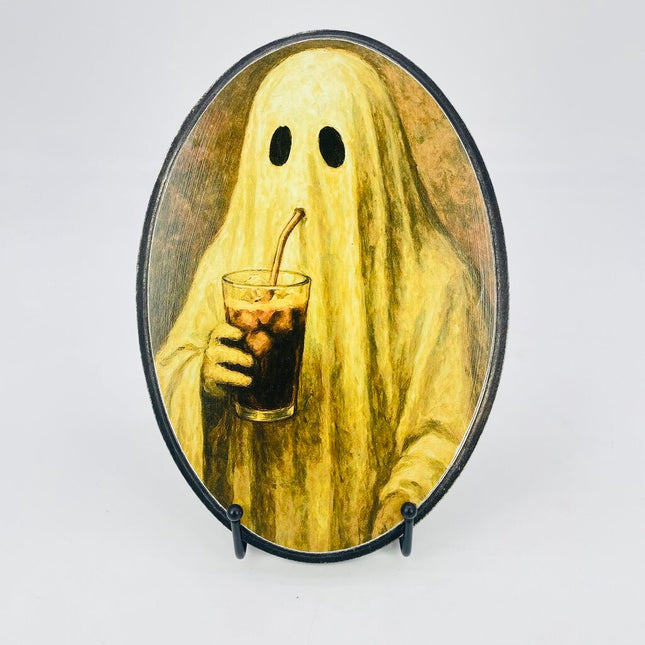 Sheet ghost drinking iced coffee wall plaque