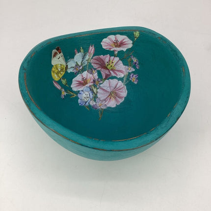 Hand Painted Upcycled Wooden Bowl (teal)