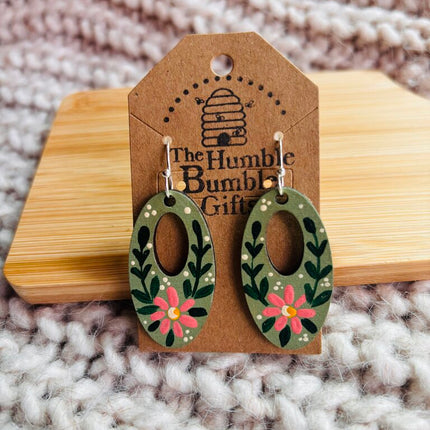 Green and pink oval loop earrings