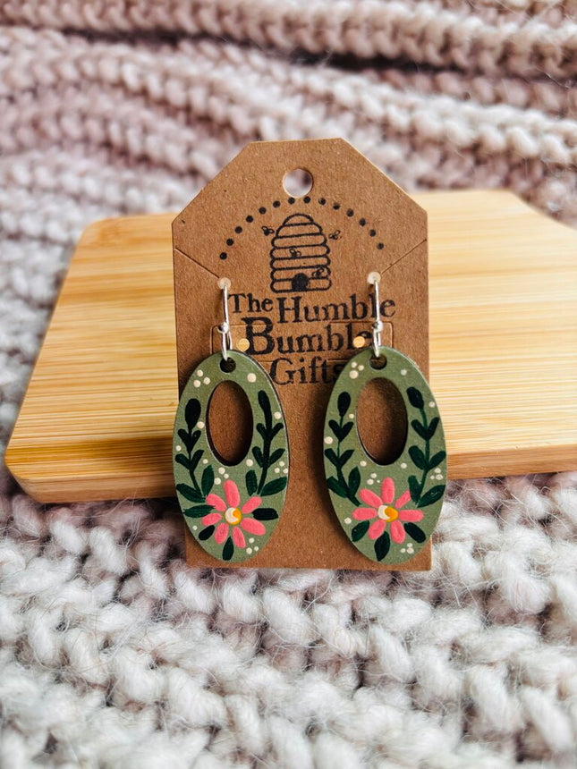 Green and pink oval loop earrings