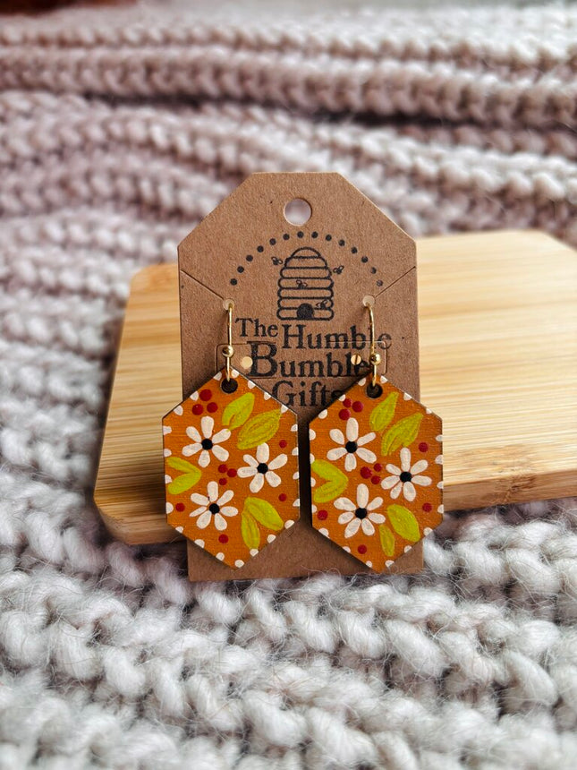 Mustard and white hex earrings