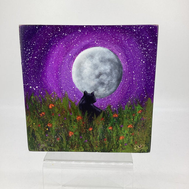 Cat & Moon Painting -Purple