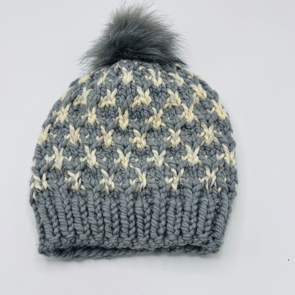 Hat Slate and Tan Diamond with Grey Pompom