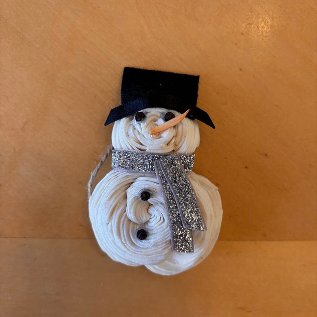 Tiny Snowman Ornament/Magnet-Silver Scarf made from Sola Wood Flowers