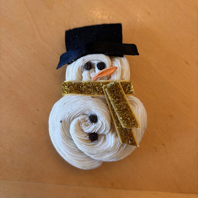 Tiny Snowman Ornament/Magnet-Gold Scarf made from Sola Wood Flowers