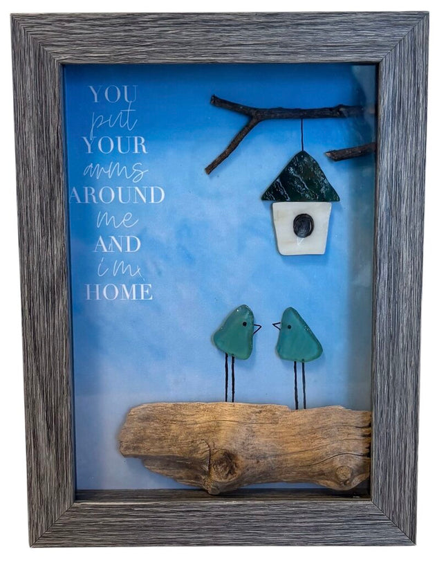 Shadow box frame with birds and birdhouse