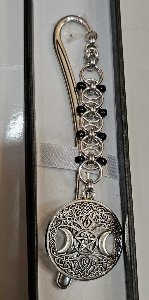 Silver Black Beaded Helm Bookmark Triple Moon Charm on Metal Bookmark
