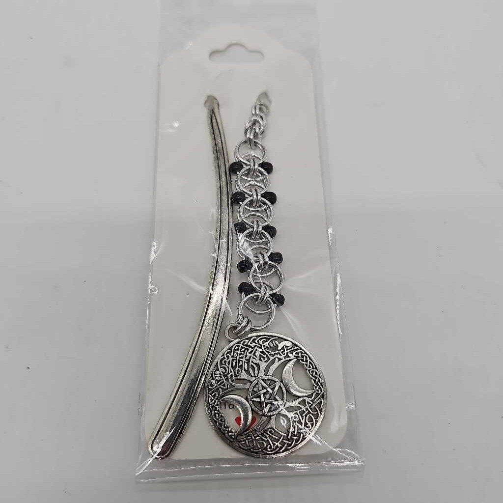 Silver Black Beaded Helm Bookmark Triple Moon Charm on Metal Bookmark
