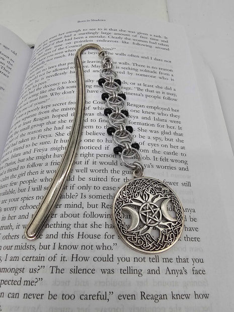 Silver Black Beaded Helm Bookmark Triple Moon Charm on Metal Bookmark