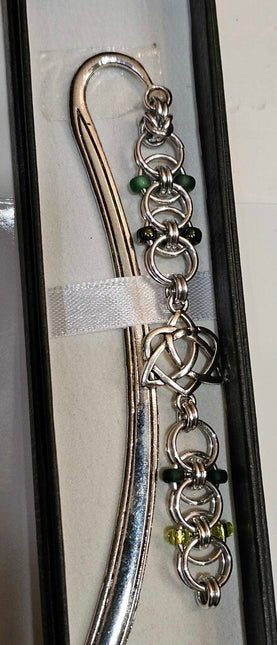 Silver Green Beaded Helm Bookmark Celtic Open Heart Charm on Metal Bookmark