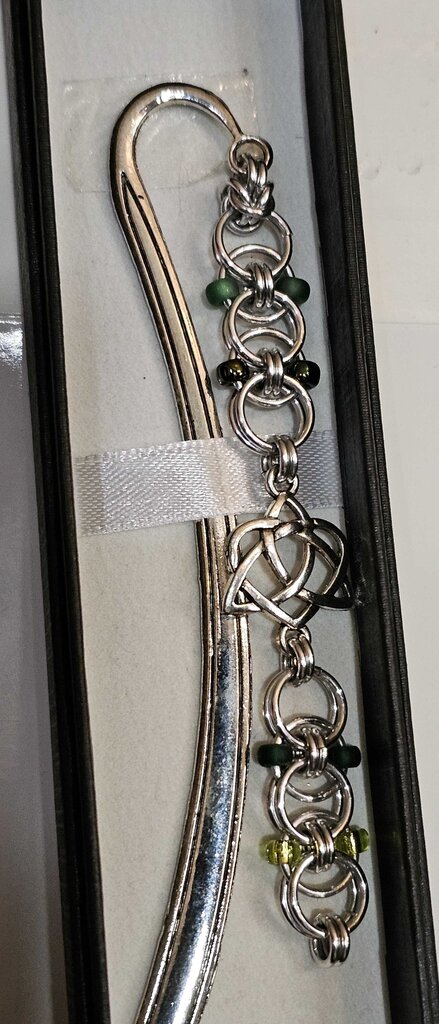 Silver Green Beaded Helm Bookmark Celtic Open Heart Charm on Metal Bookmark