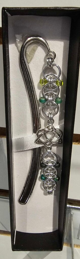 Silver Green Beaded Helm Bookmark Celtic Open Heart Charm on Metal Bookmark