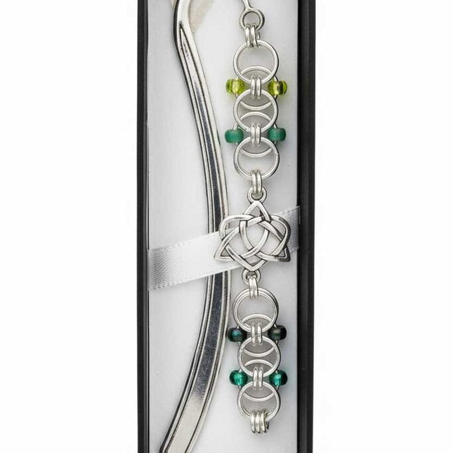 Silver Green Beaded Helm Bookmark Celtic Open Heart Charm on Metal Bookmark