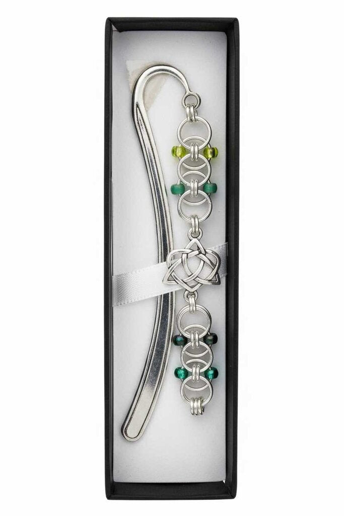 Silver Green Beaded Helm Bookmark Celtic Open Heart Charm on Metal Bookmark