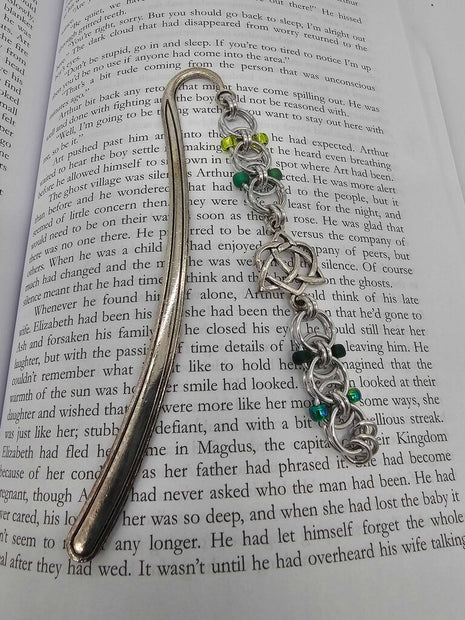 Silver Green Beaded Helm Bookmark Celtic Open Heart Charm on Metal Bookmark