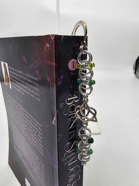 Silver Green Beaded Helm Bookmark Celtic Open Heart Charm on Metal Bookmark