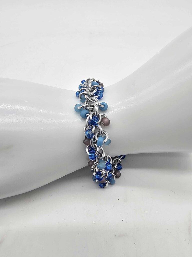 Beach Blues Mix Beaded Shaggy Bracelet 8" long, aluminum