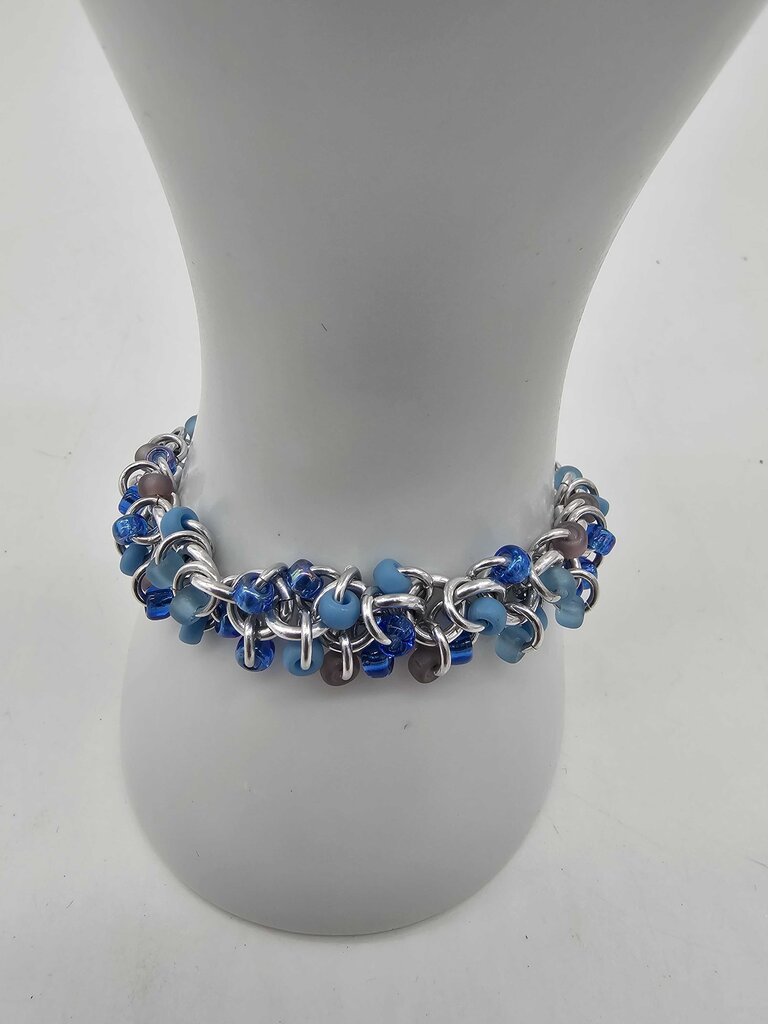 Beach Blues Mix Beaded Shaggy Bracelet 8" long, aluminum