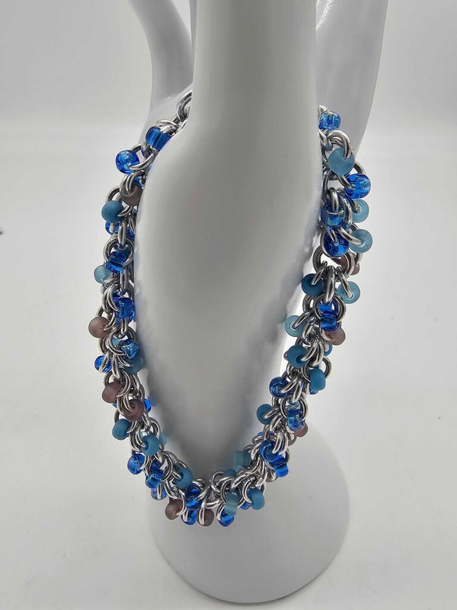 Beach Blues Mix Beaded Shaggy Bracelet 8" long, aluminum